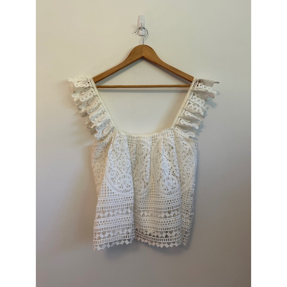 Eri + Ali x Anthropologie White Guipure Lace Ruffle Strap Top | Size Medium